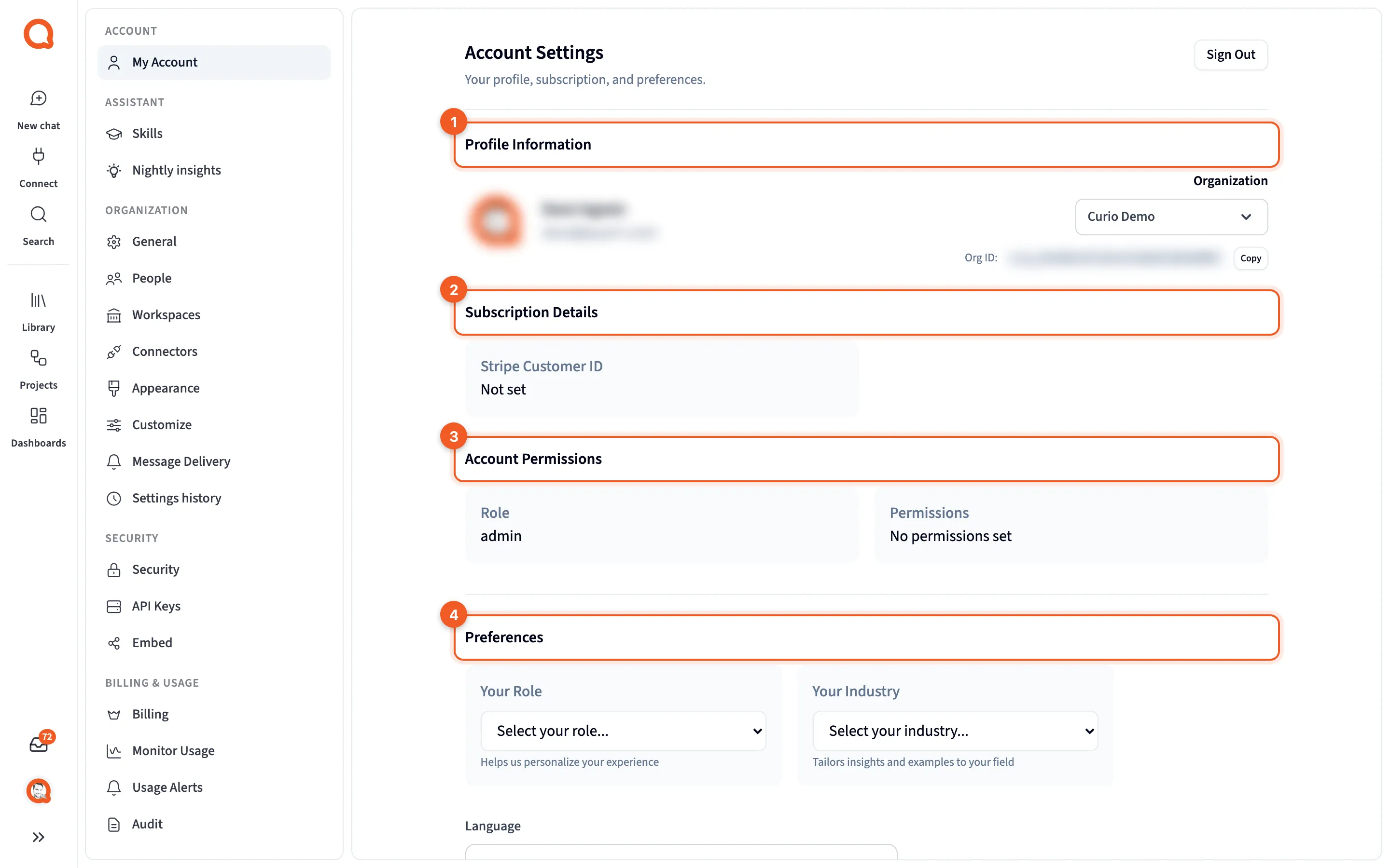 Account Settings, with Profile Information, Subscription Details, Account Permissions and Preferences