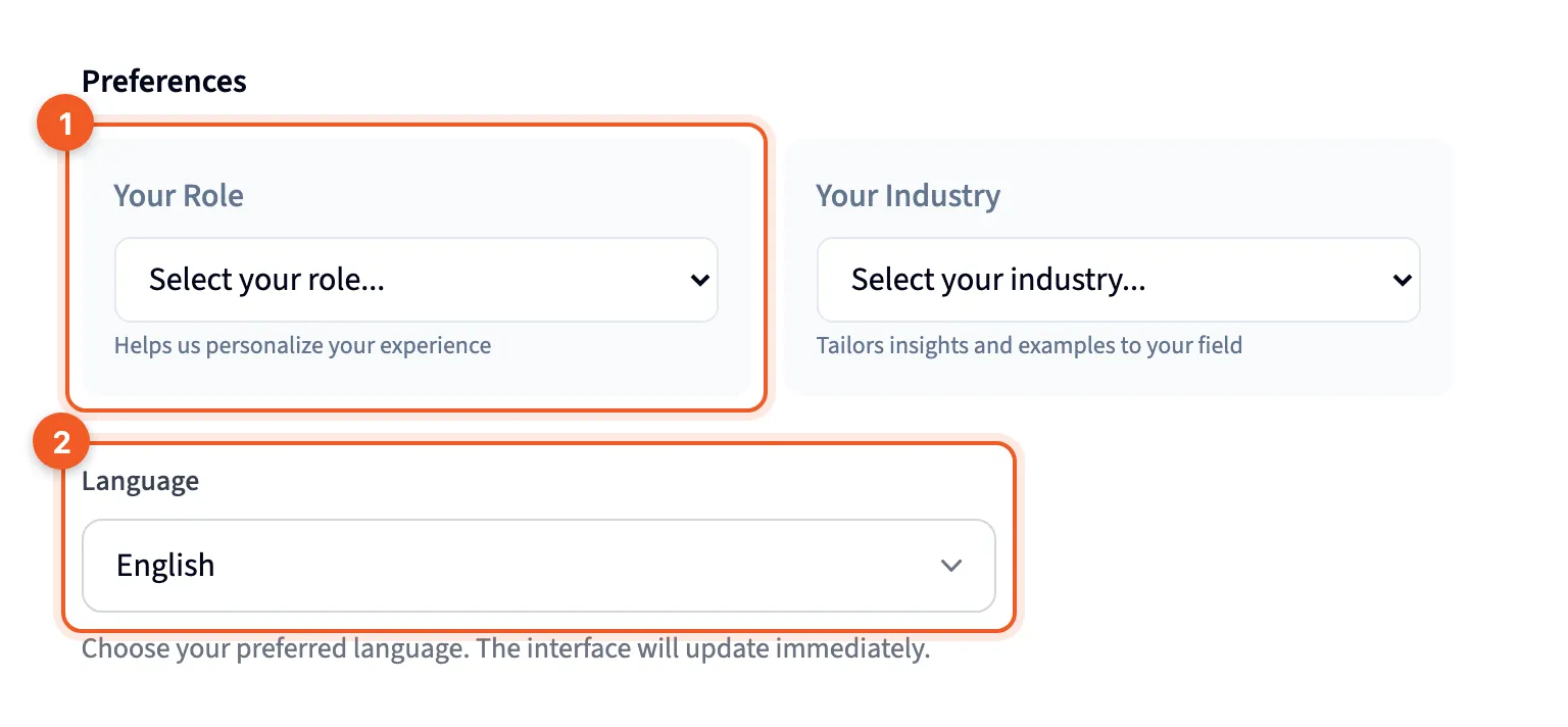 The Preferences section, with Your Role, Your Industry and Language