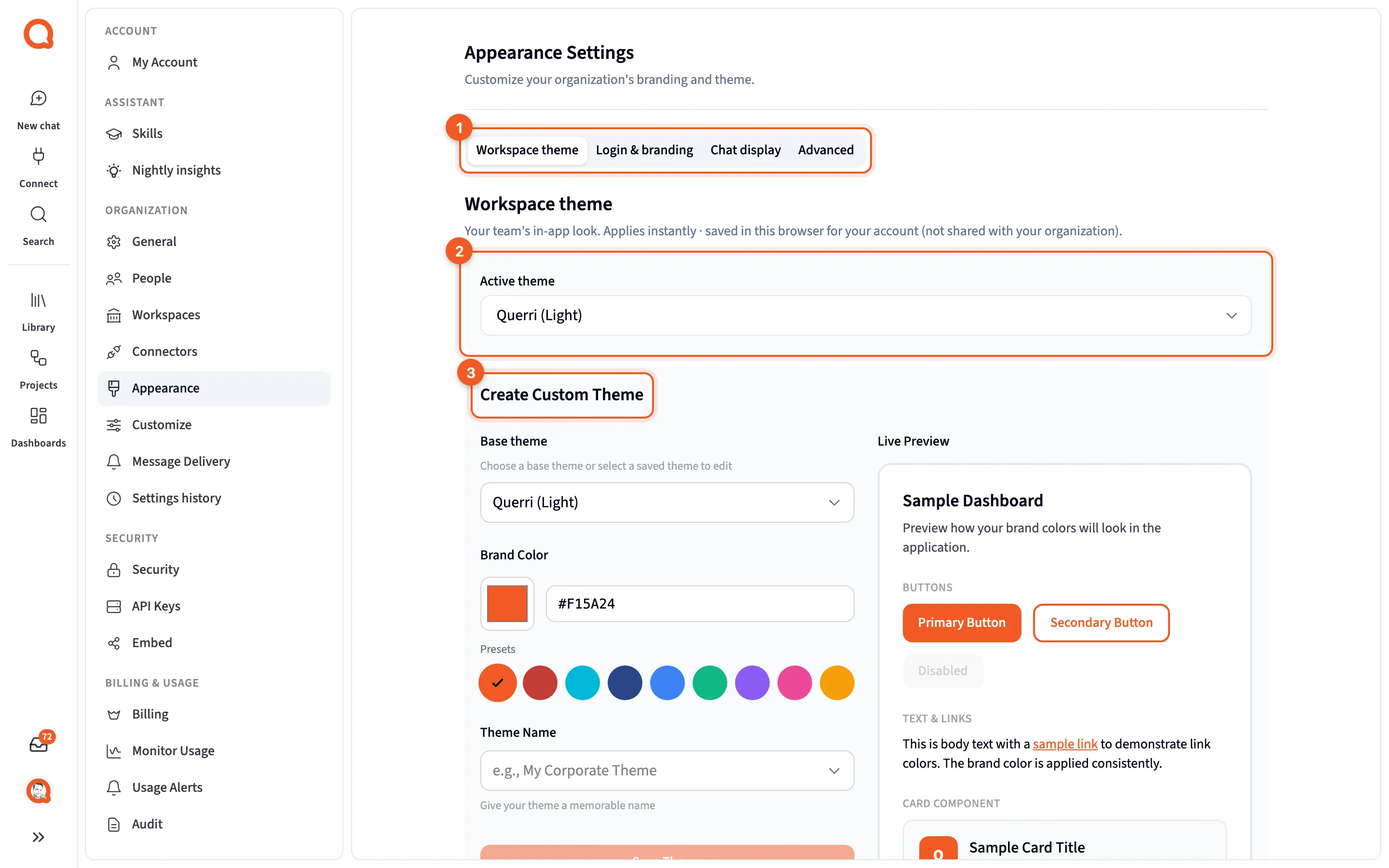 Appearance Settings on the Workspace theme tab