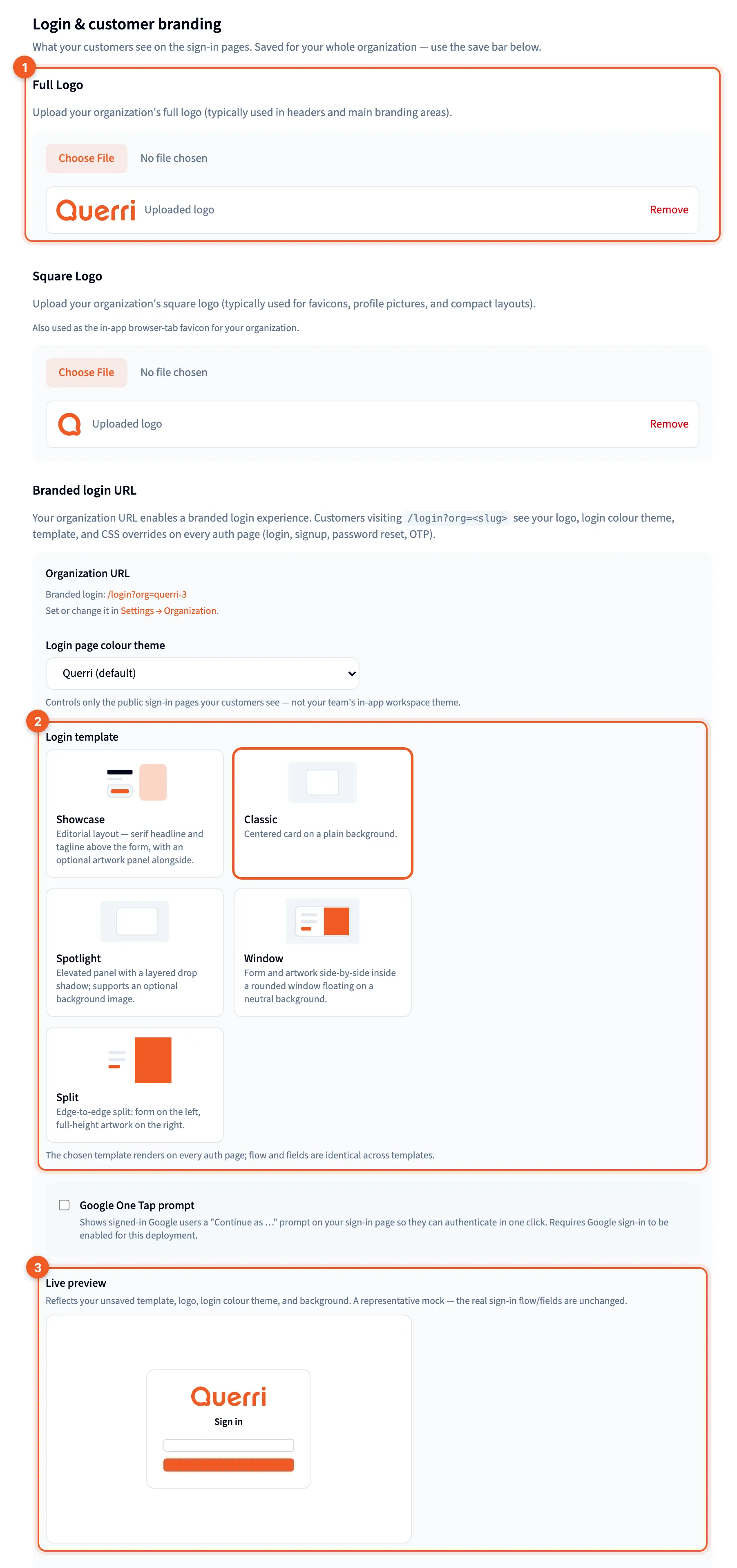 The Login & branding tab, with Full Logo, Login template and Live preview
