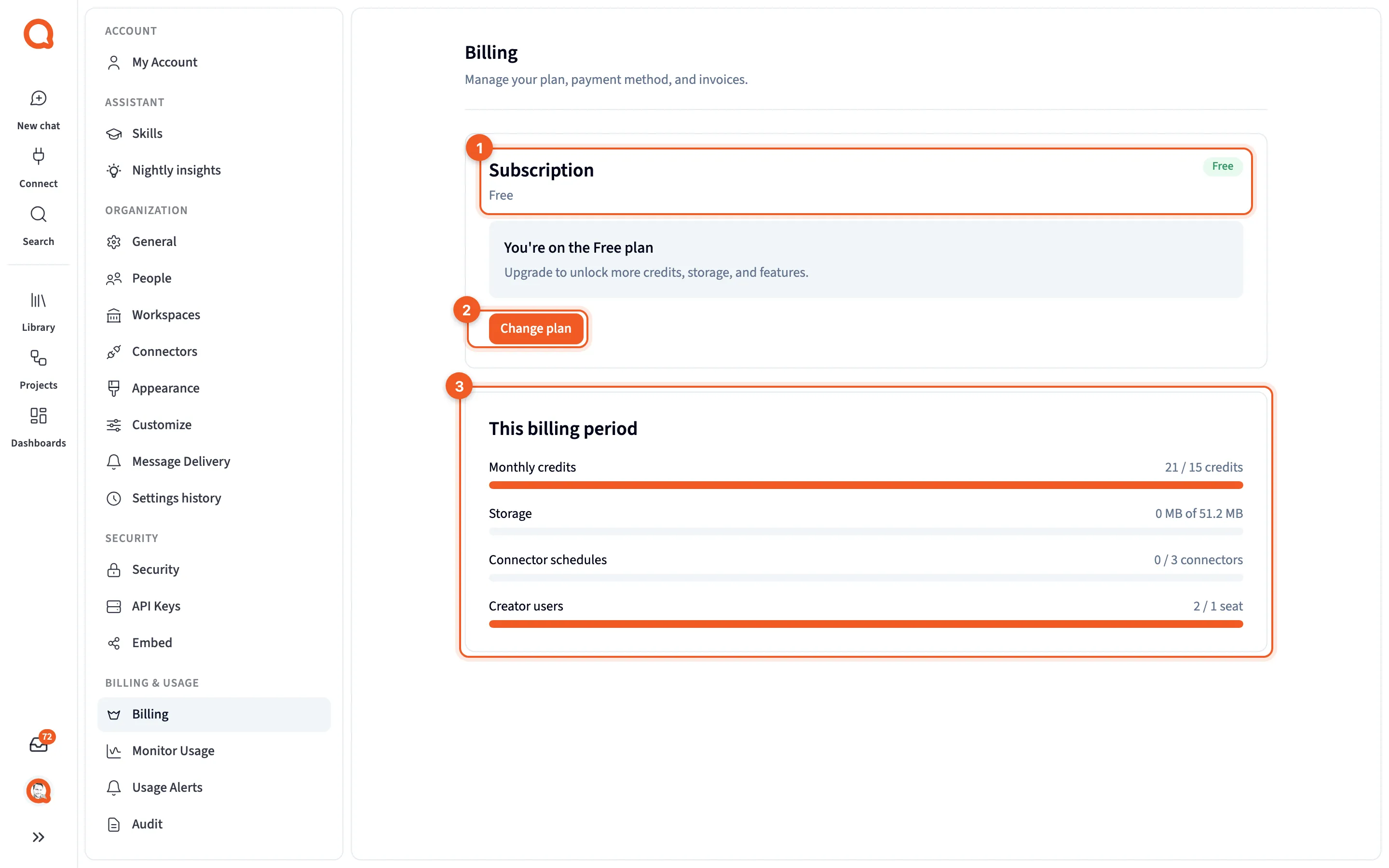 The Billing page on the Free plan