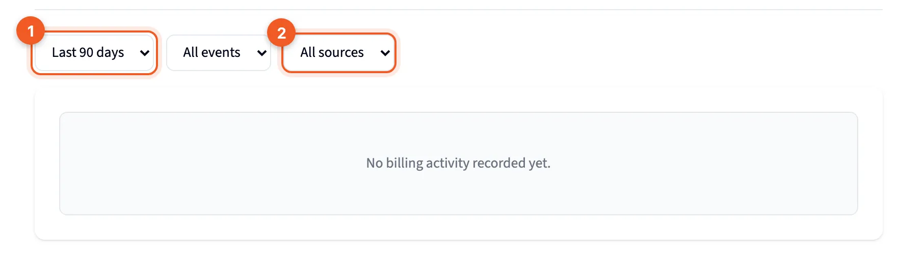 The Billing Audit Log's filters, with no activity recorded yet