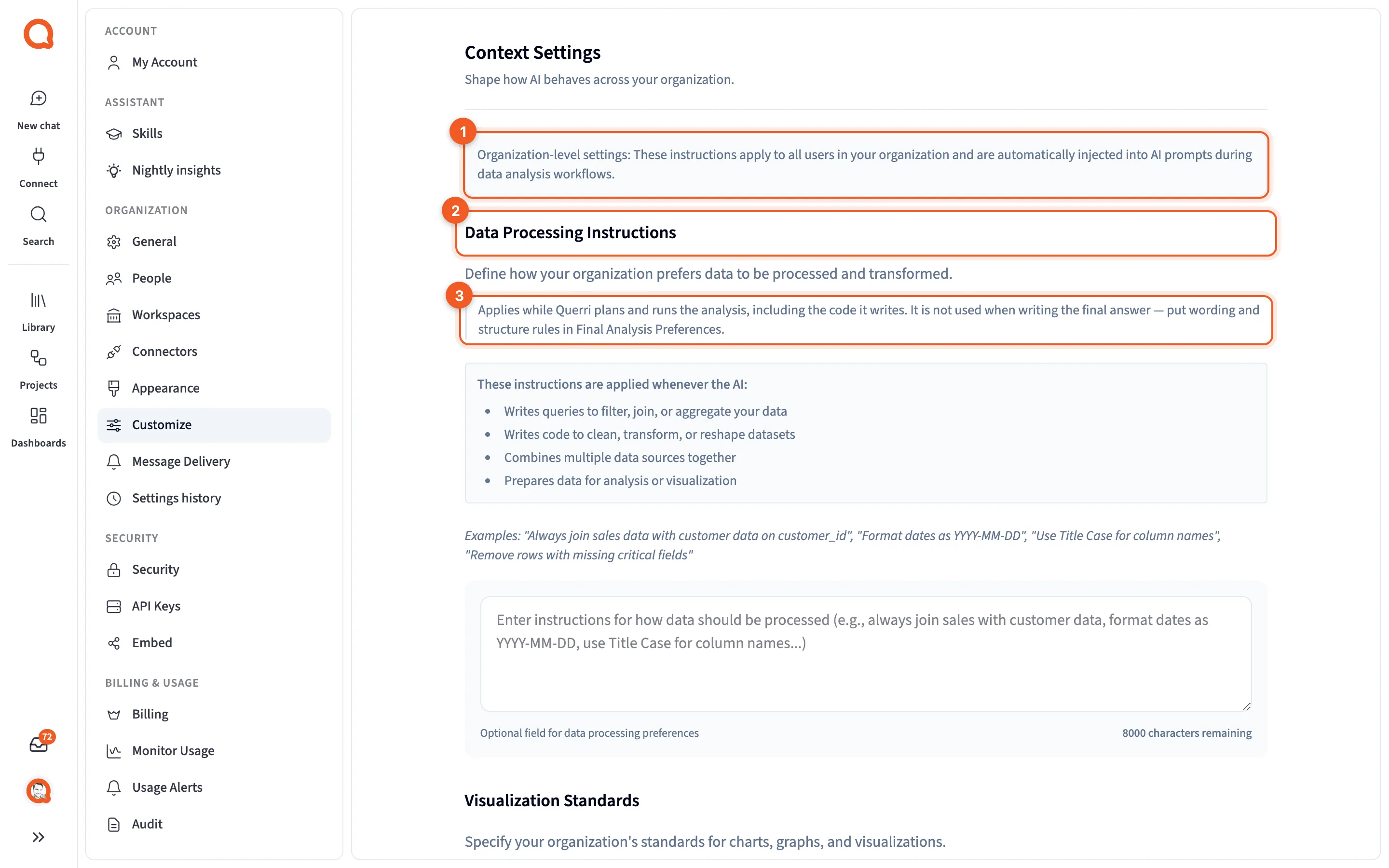 Context Settings, with the organization-level notice and Data Processing Instructions