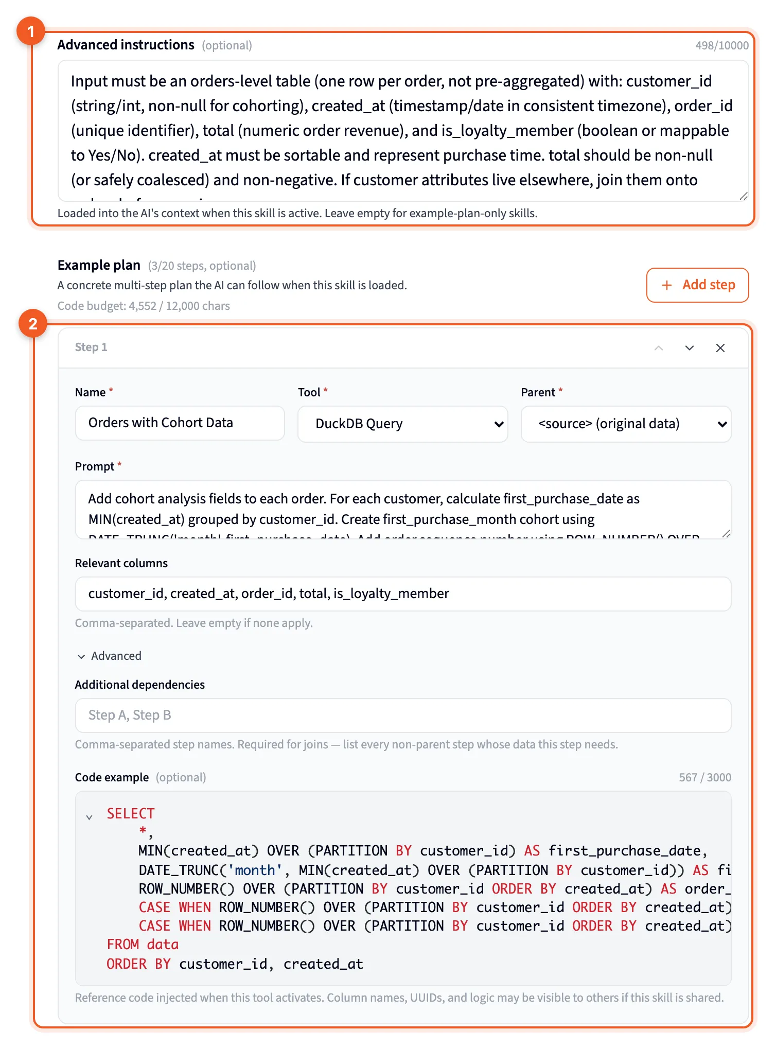 An existing skill in the editor, with its advanced instructions and first example step