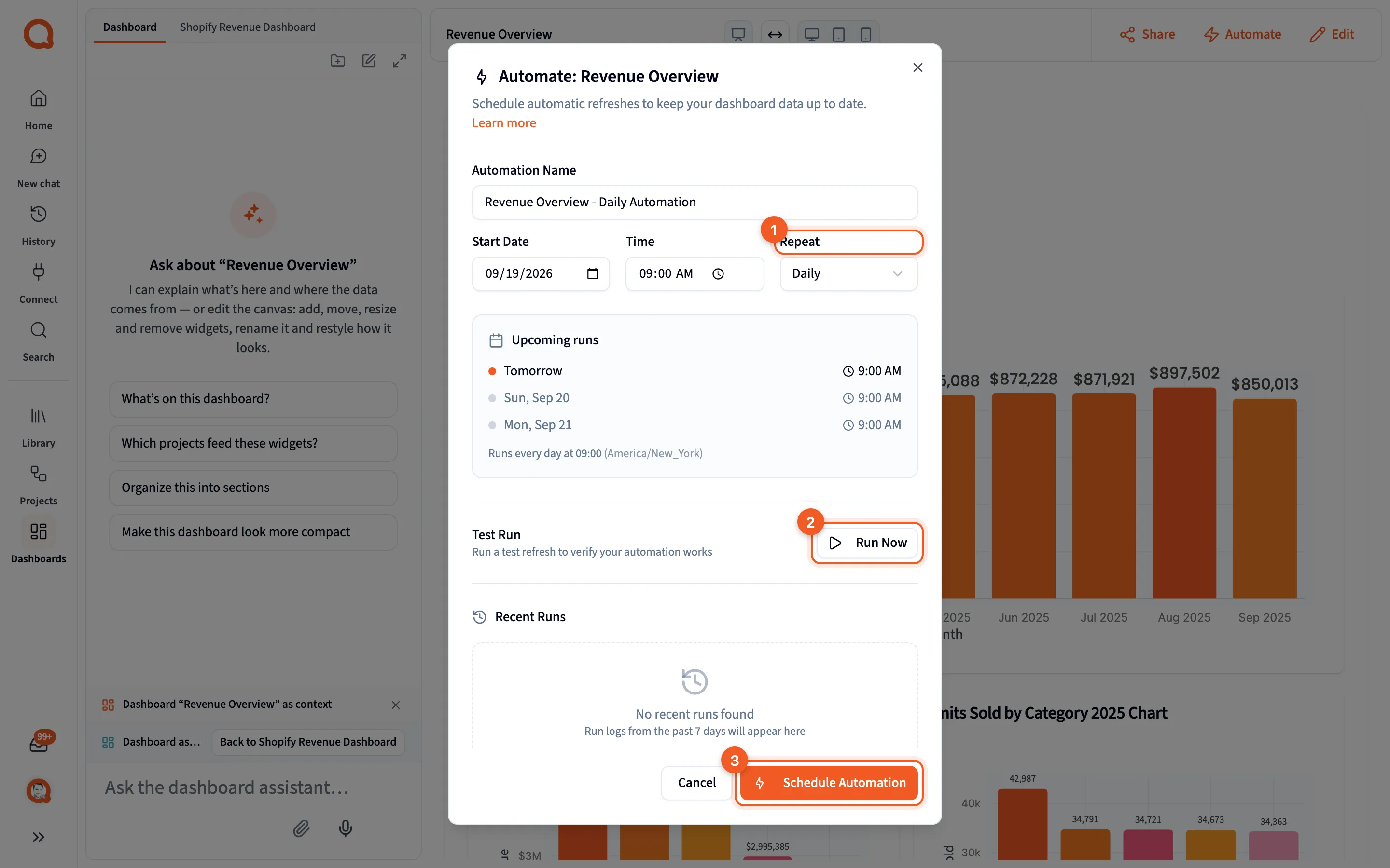 The Automate dialog on the Revenue Overview dashboard, with an automation name, start date, time and Repeat set to Daily, the next three upcoming runs, a Test Run with Run Now, and Schedule Automation
