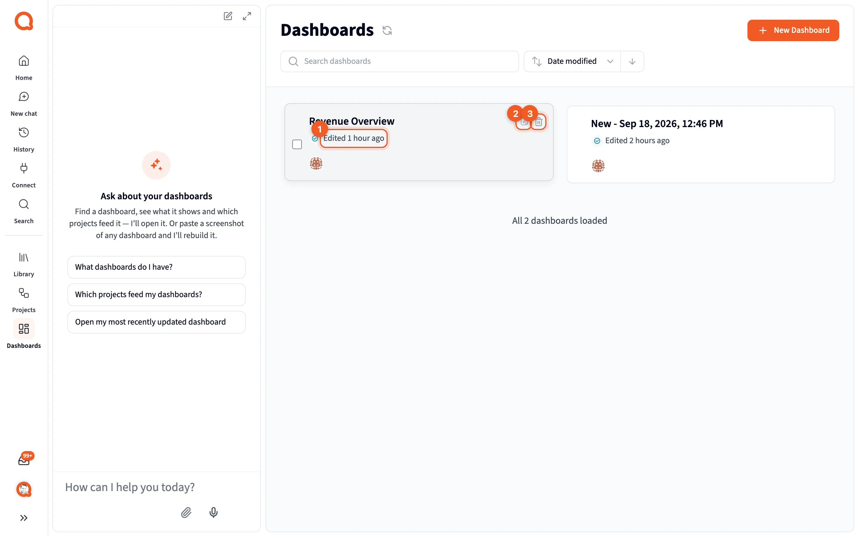A dashboard card under the pointer, showing when it was last edited and its edit and delete buttons