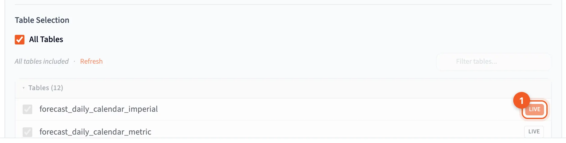 The Databricks table picker, with the Live switch turned on for forecast_daily_calendar_imperial (1)