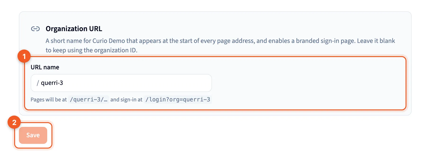The Organization URL panel, with the URL name box and Save