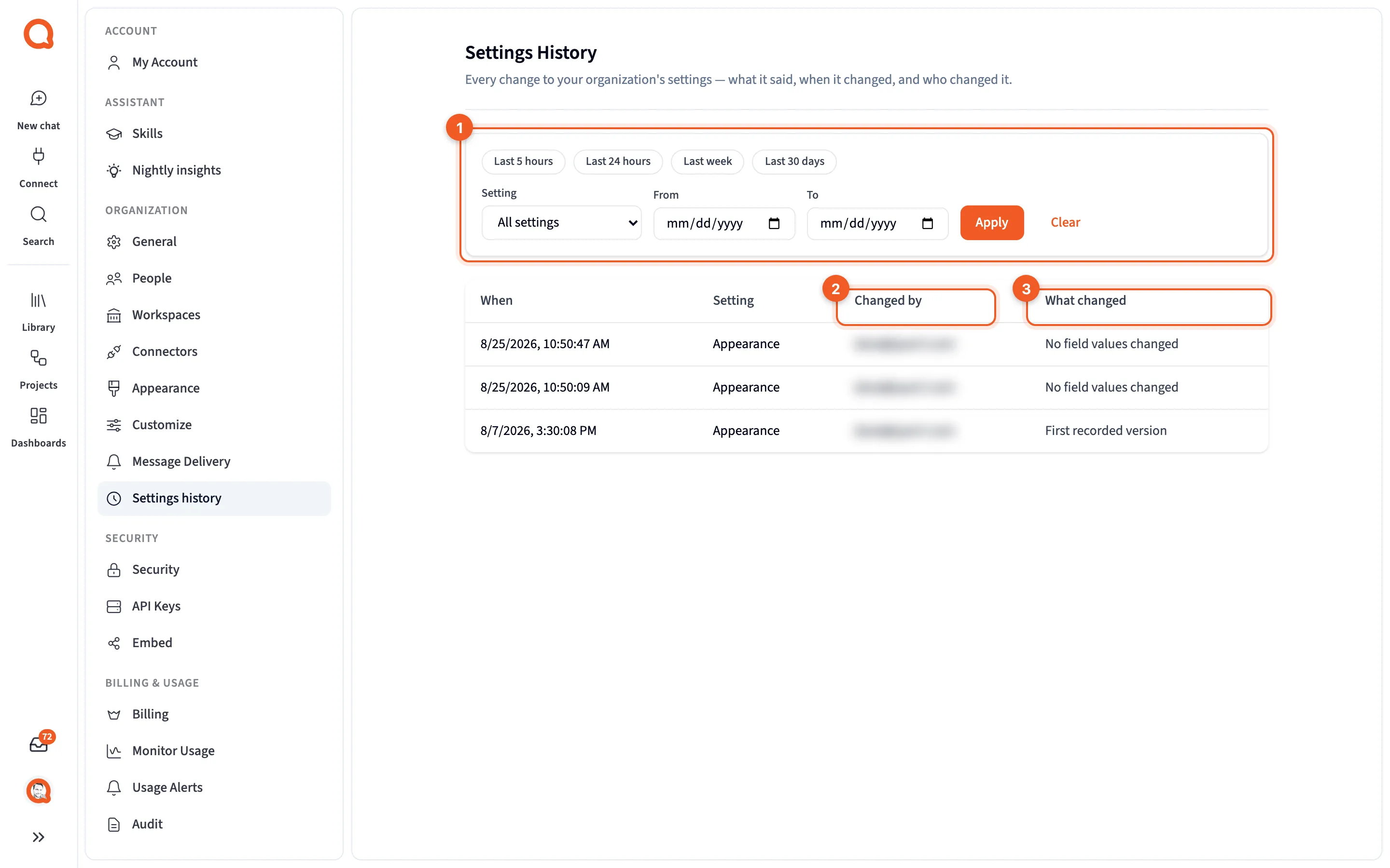 Settings History, with its filters and the list of changes