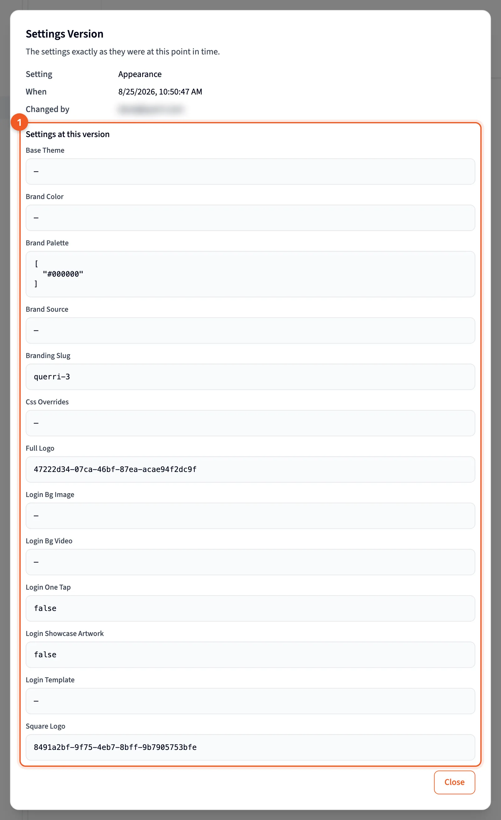 The Settings Version dialog