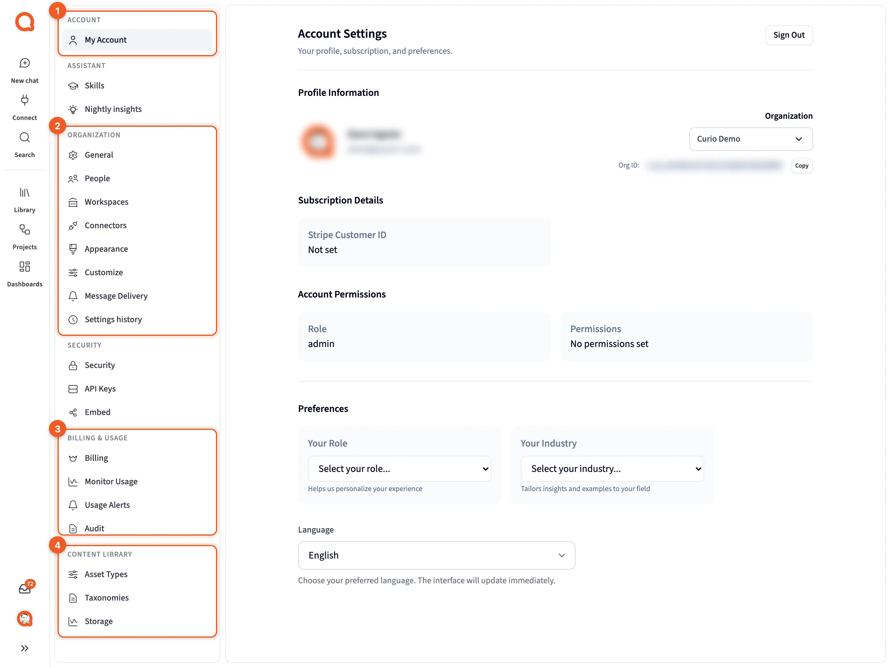 The Settings rail as an admin sees it, beside My Account