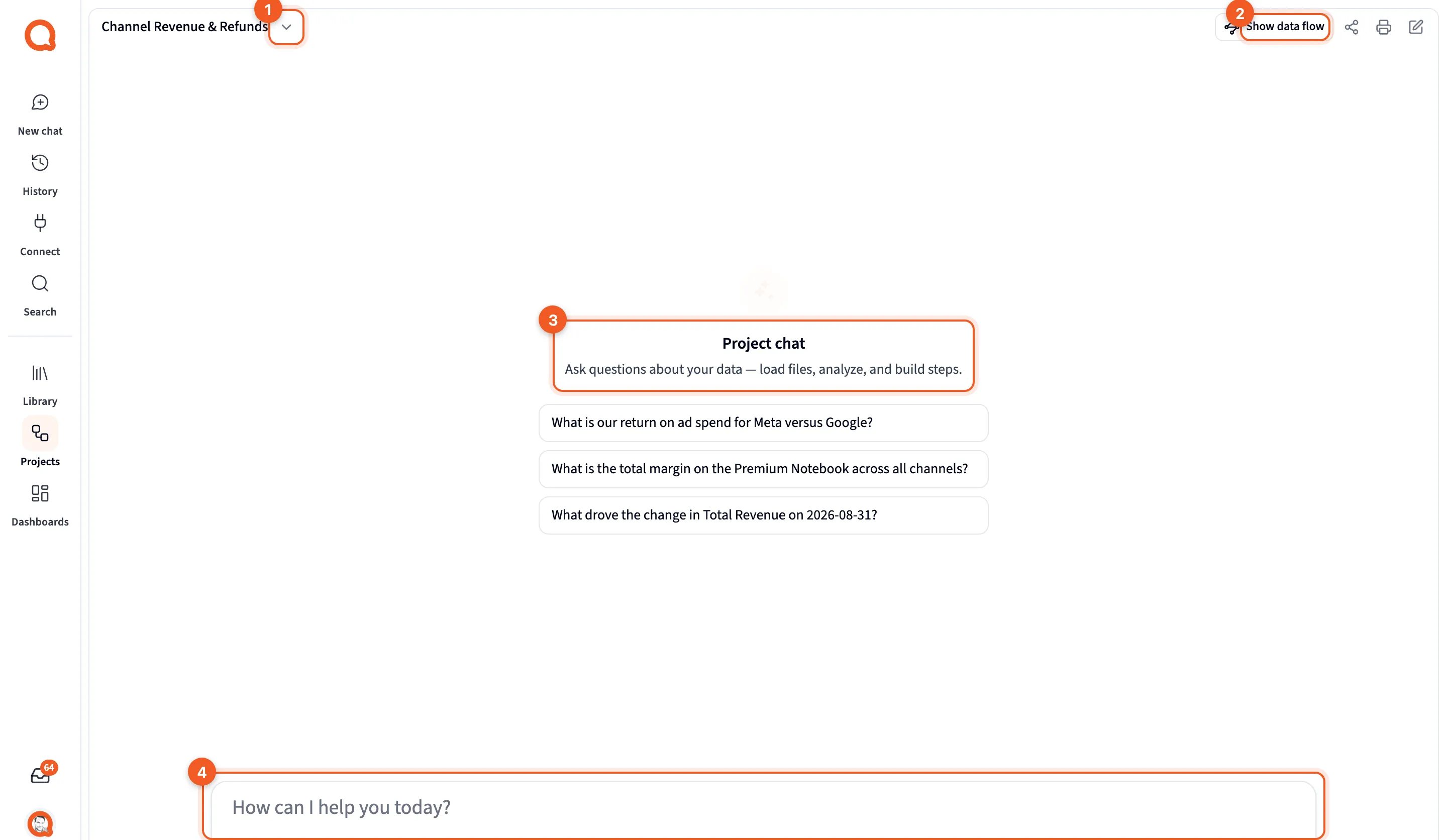 A new project, Channel Revenue & Refunds, before its first question