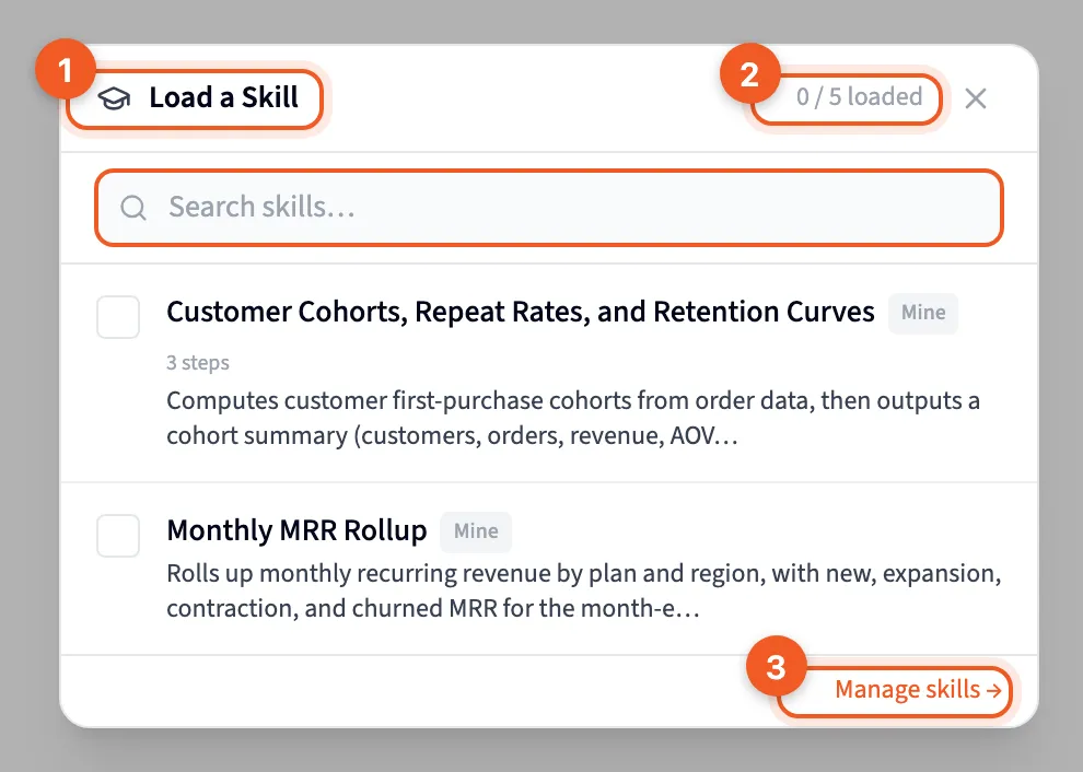 The Load a Skill dialog, with the loaded count and a link to the Skills page