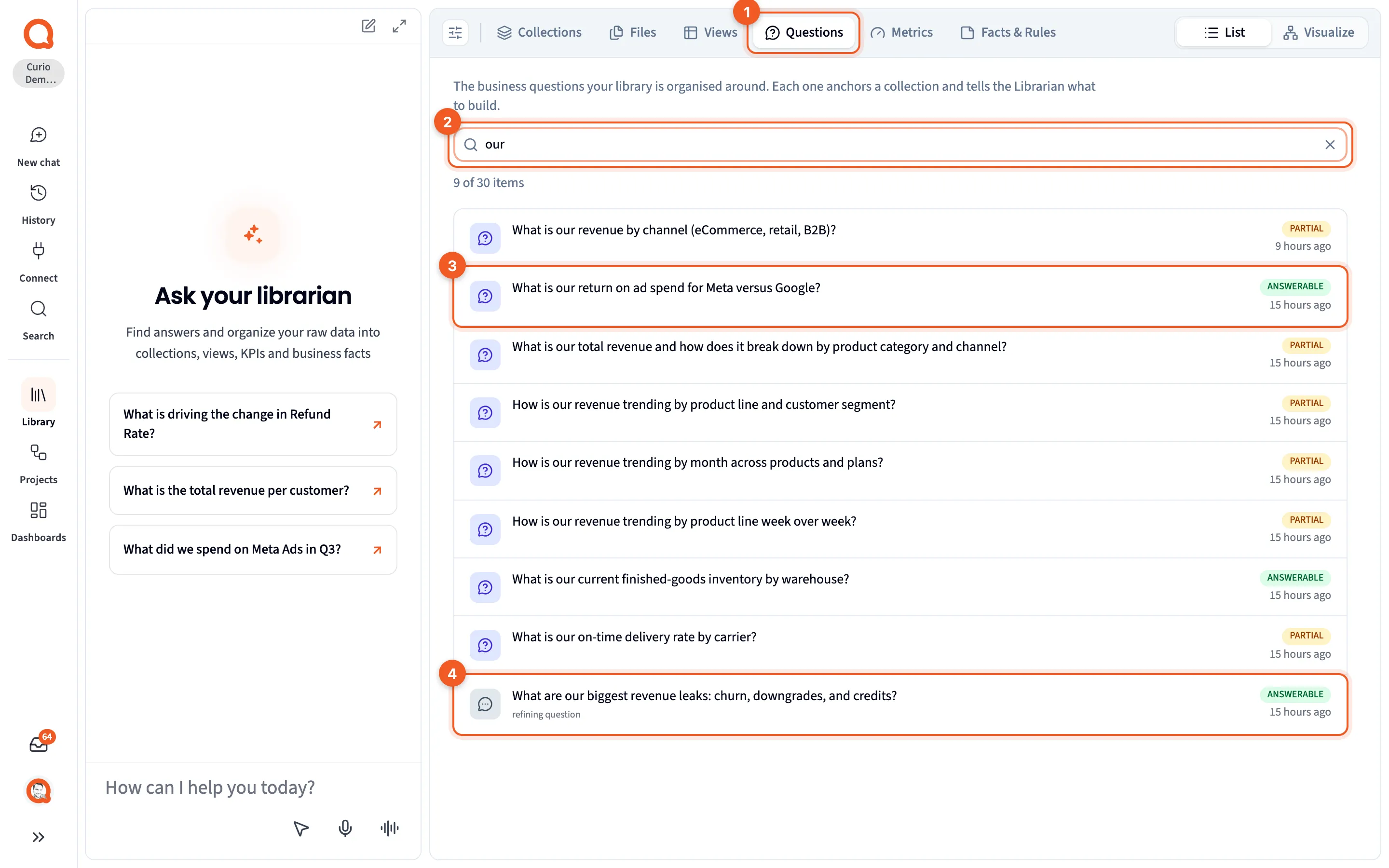 The Questions tab, filtered to questions containing "our"