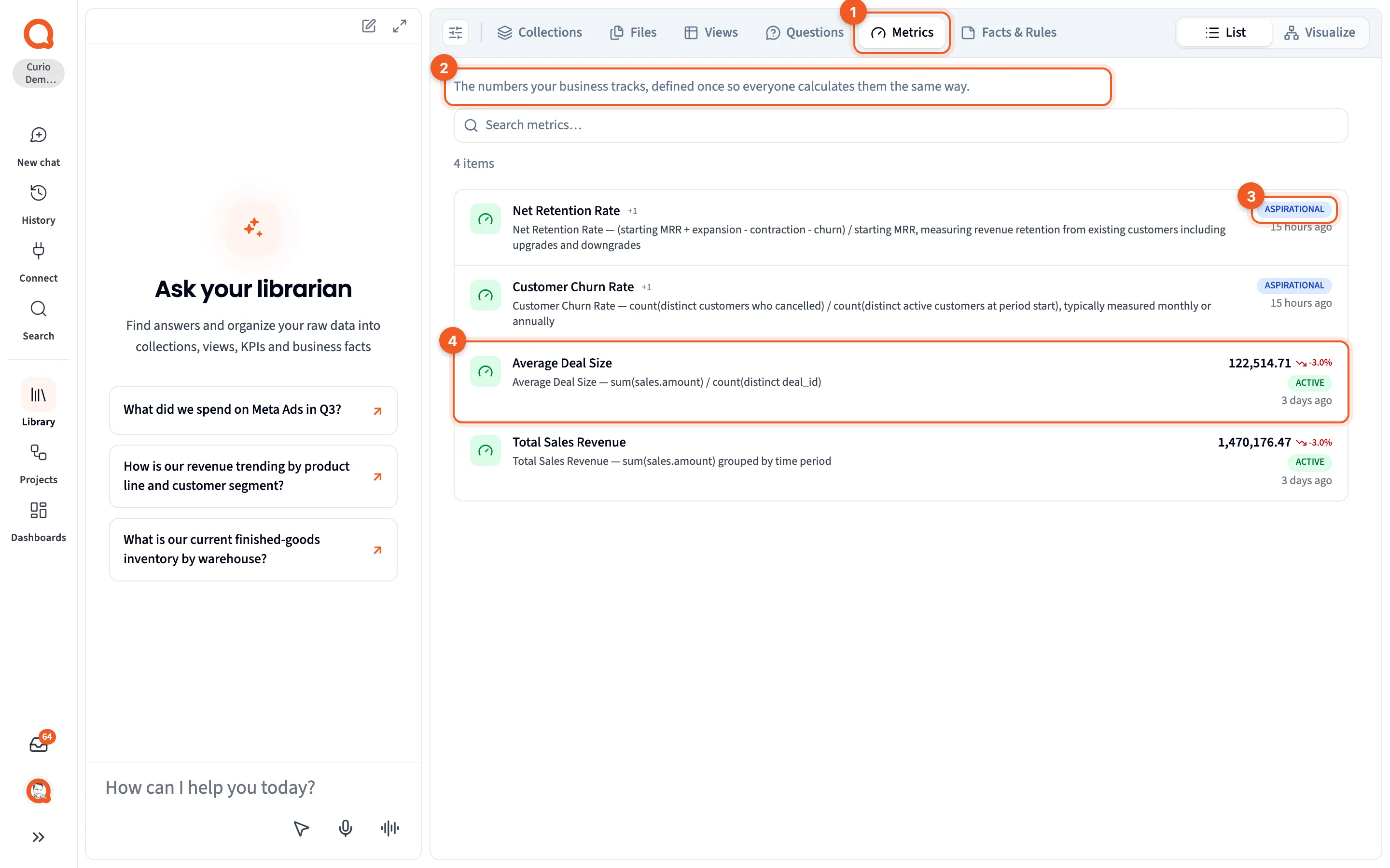 The Metrics tab listing four KPIs