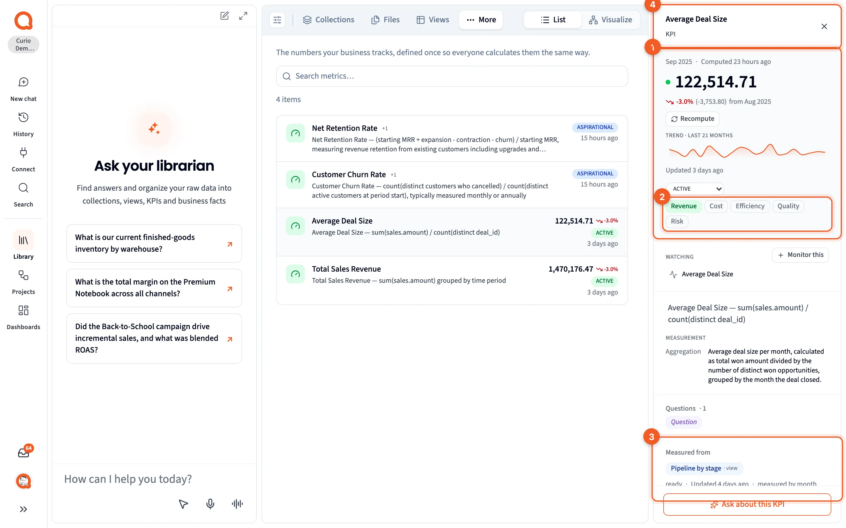 The panel for a KPI, open beside the Metrics tab