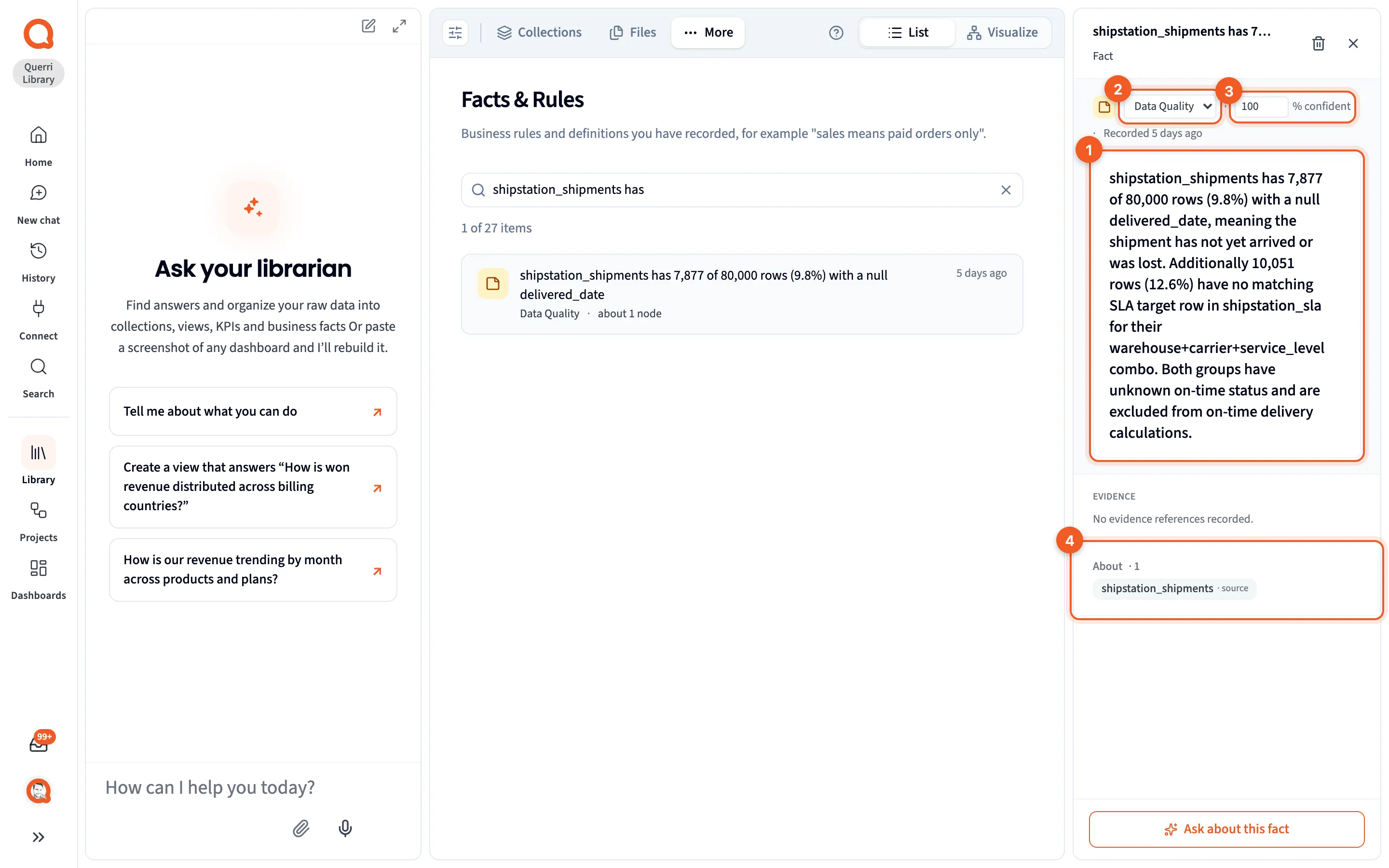 A data-quality fact about shipstation_shipments, open beside the Facts & Rules tab