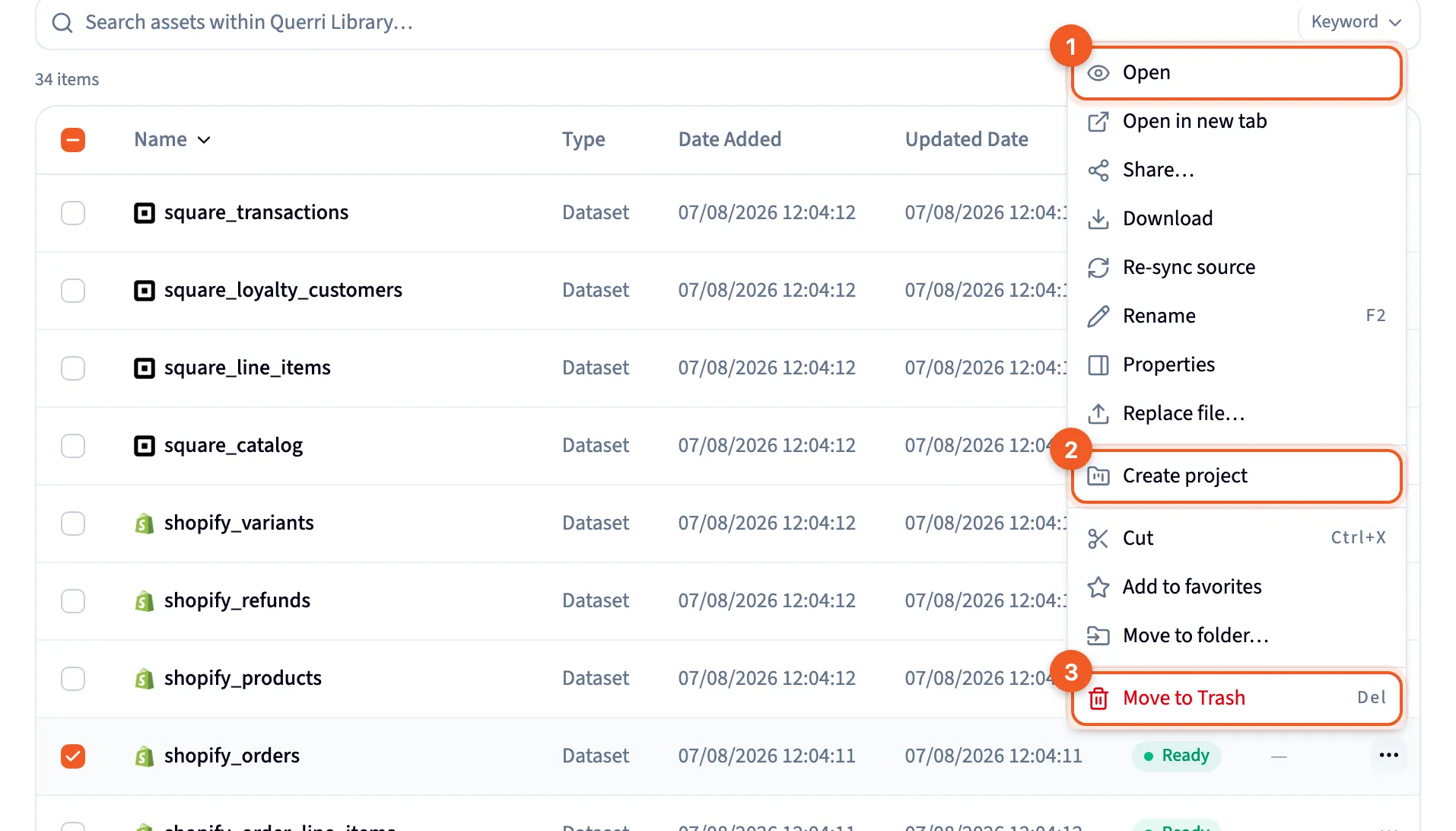 The row menu open on a file, listing Open, Share, Download, Re-sync source, Rename and more