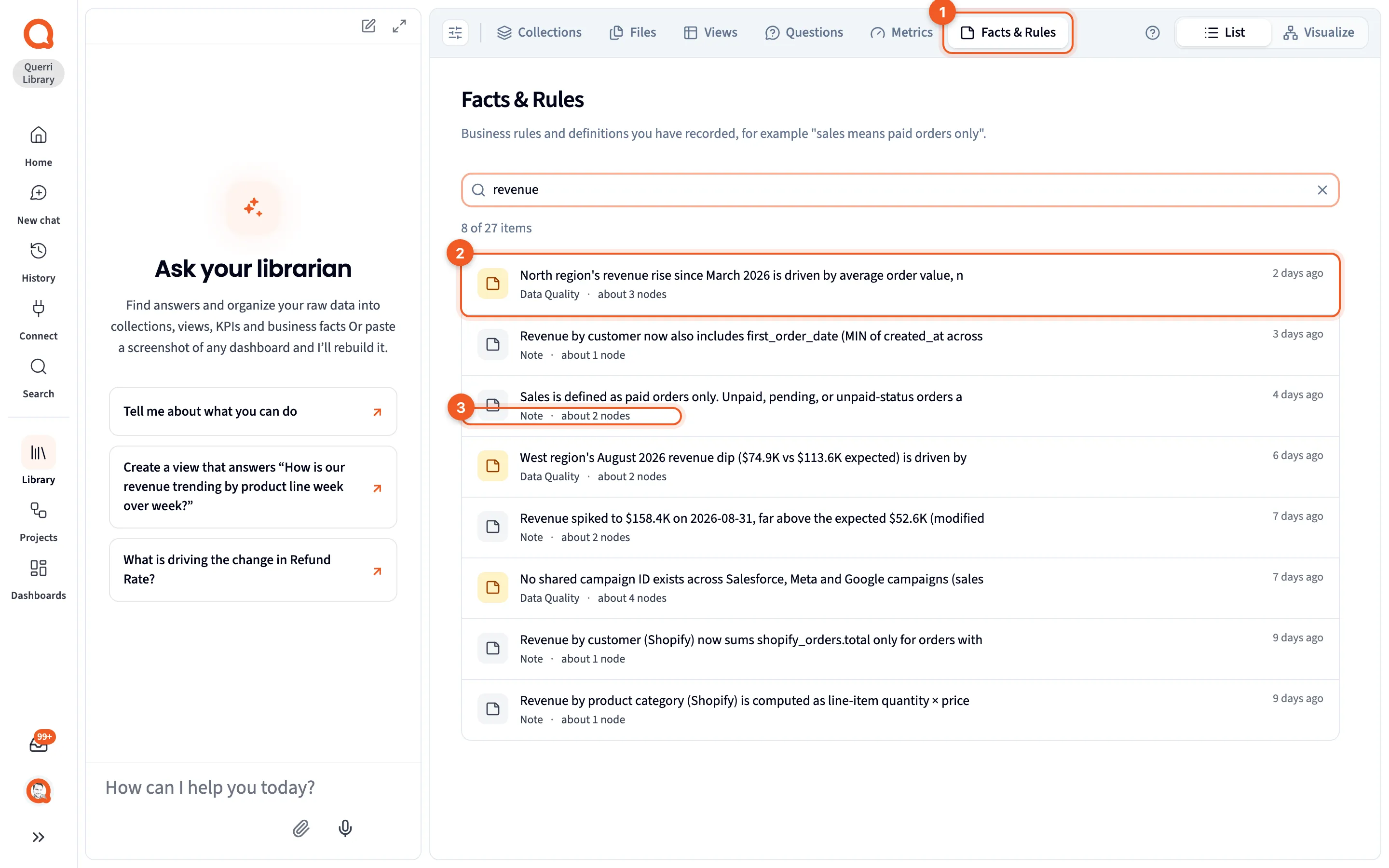 The Facts & Rules tab, filtered to facts about revenue