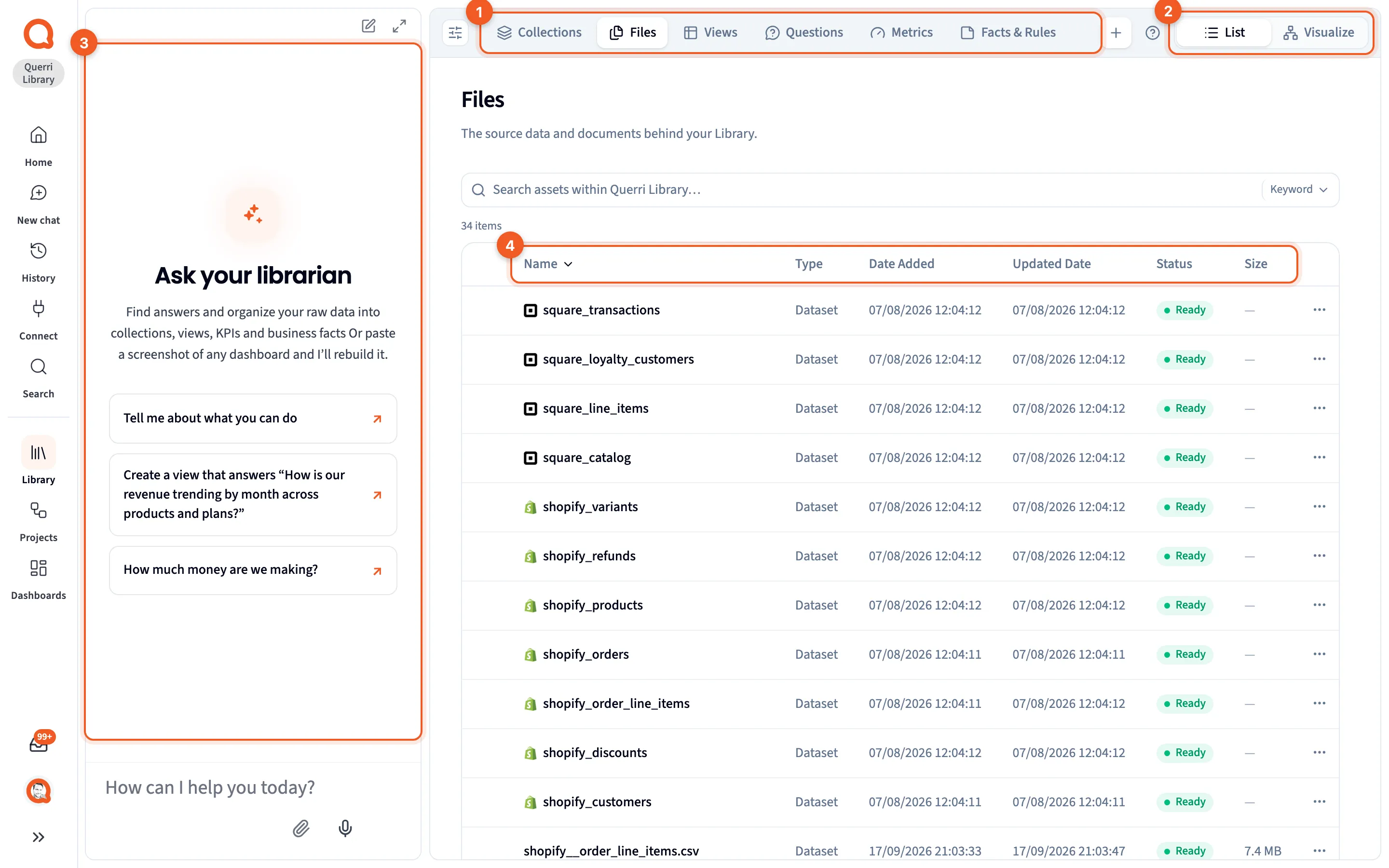 The Library in List mode, showing the Files tab with Librarian chat open on the left