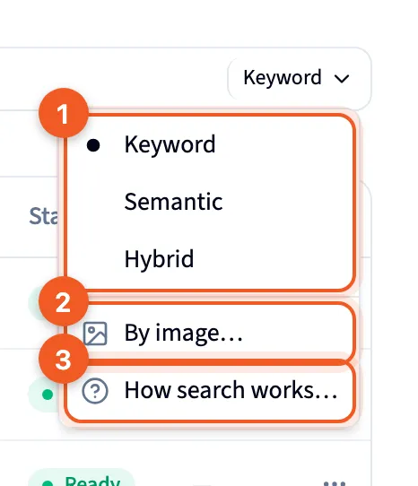 The search mode menu open, listing Keyword, Semantic, Hybrid, By image and How search works