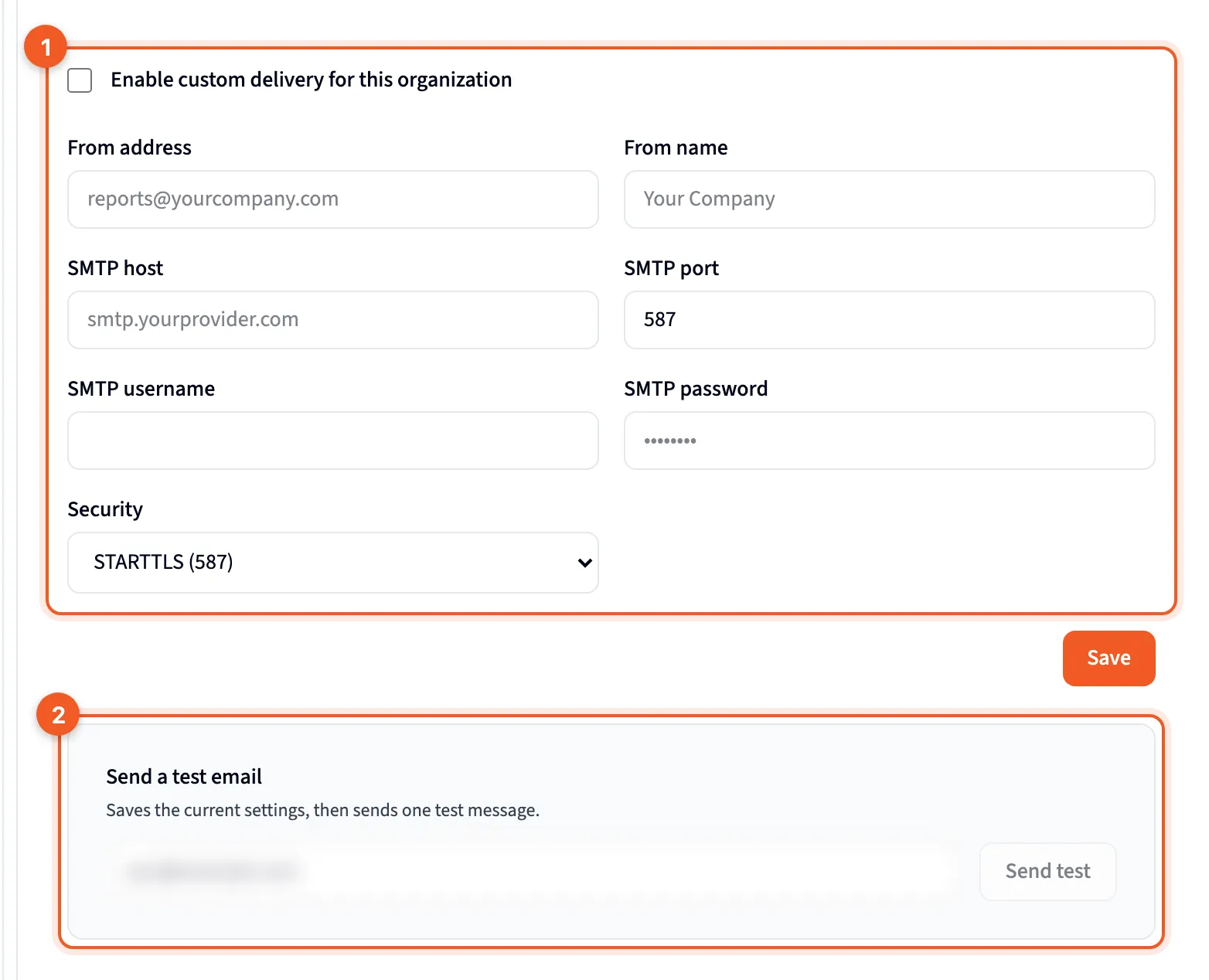 The Message Delivery form and Send a test email