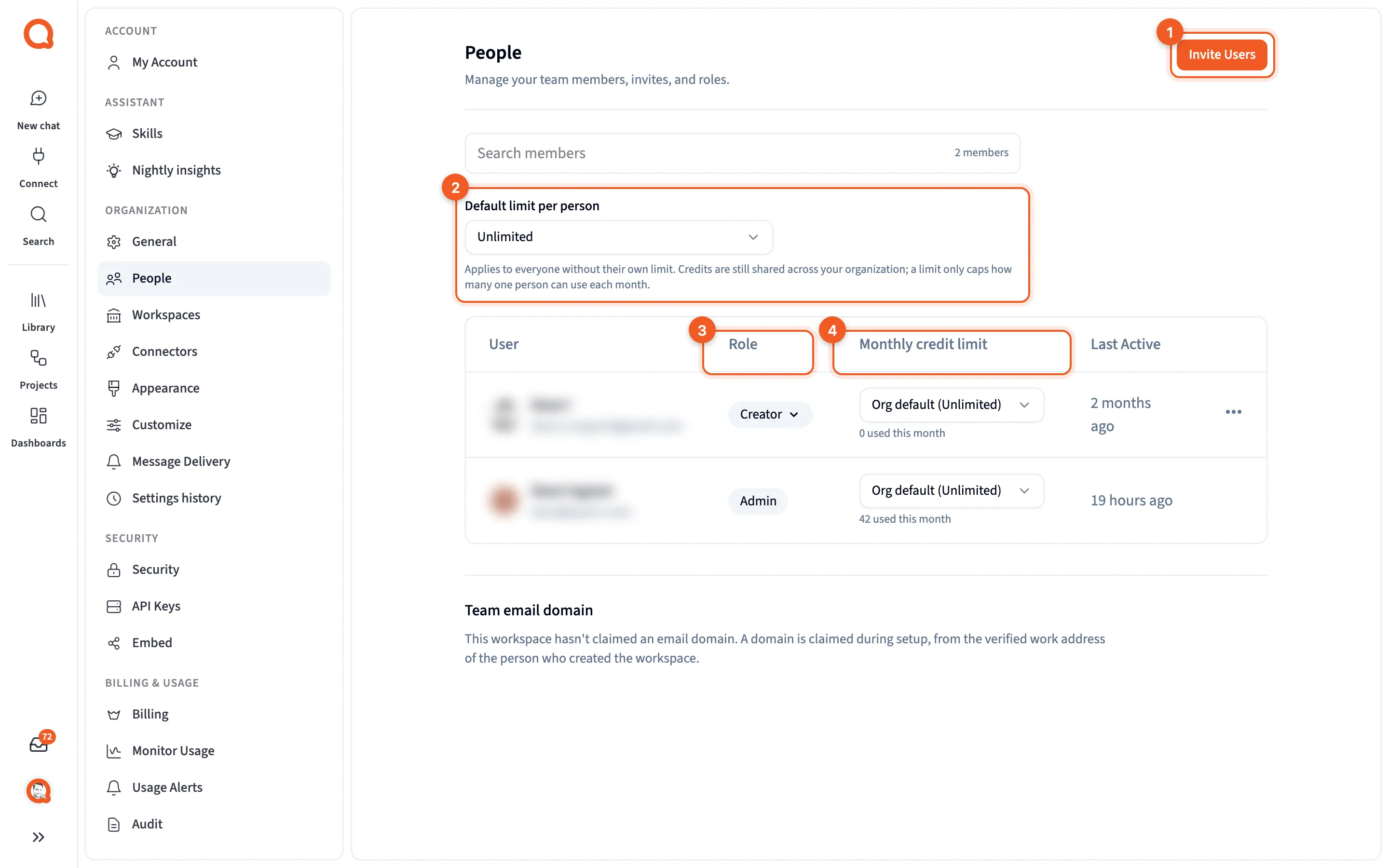 People, with Invite Users, Default limit per person and the members table