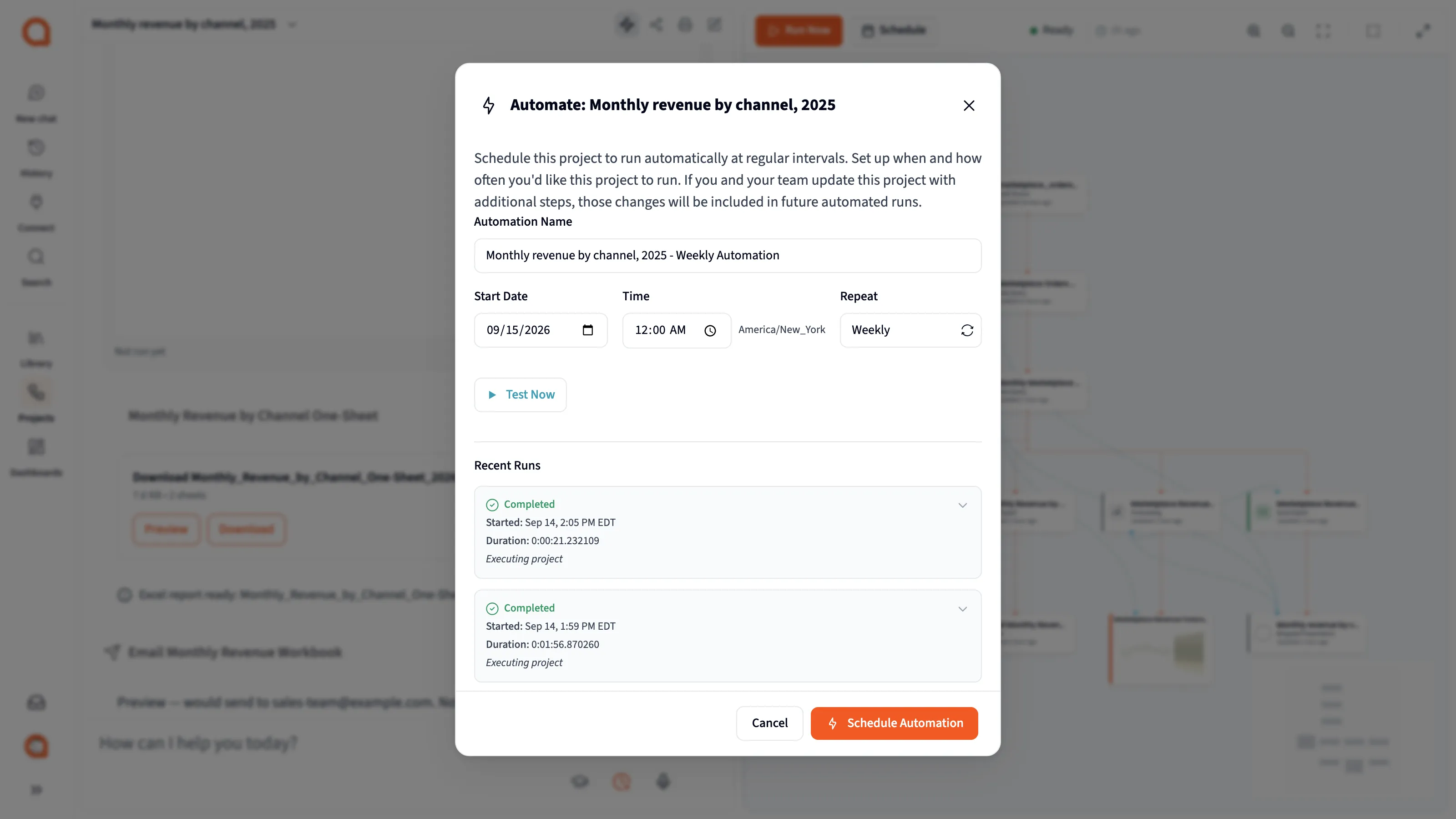 The Automate dialog open over a project's Data Flow