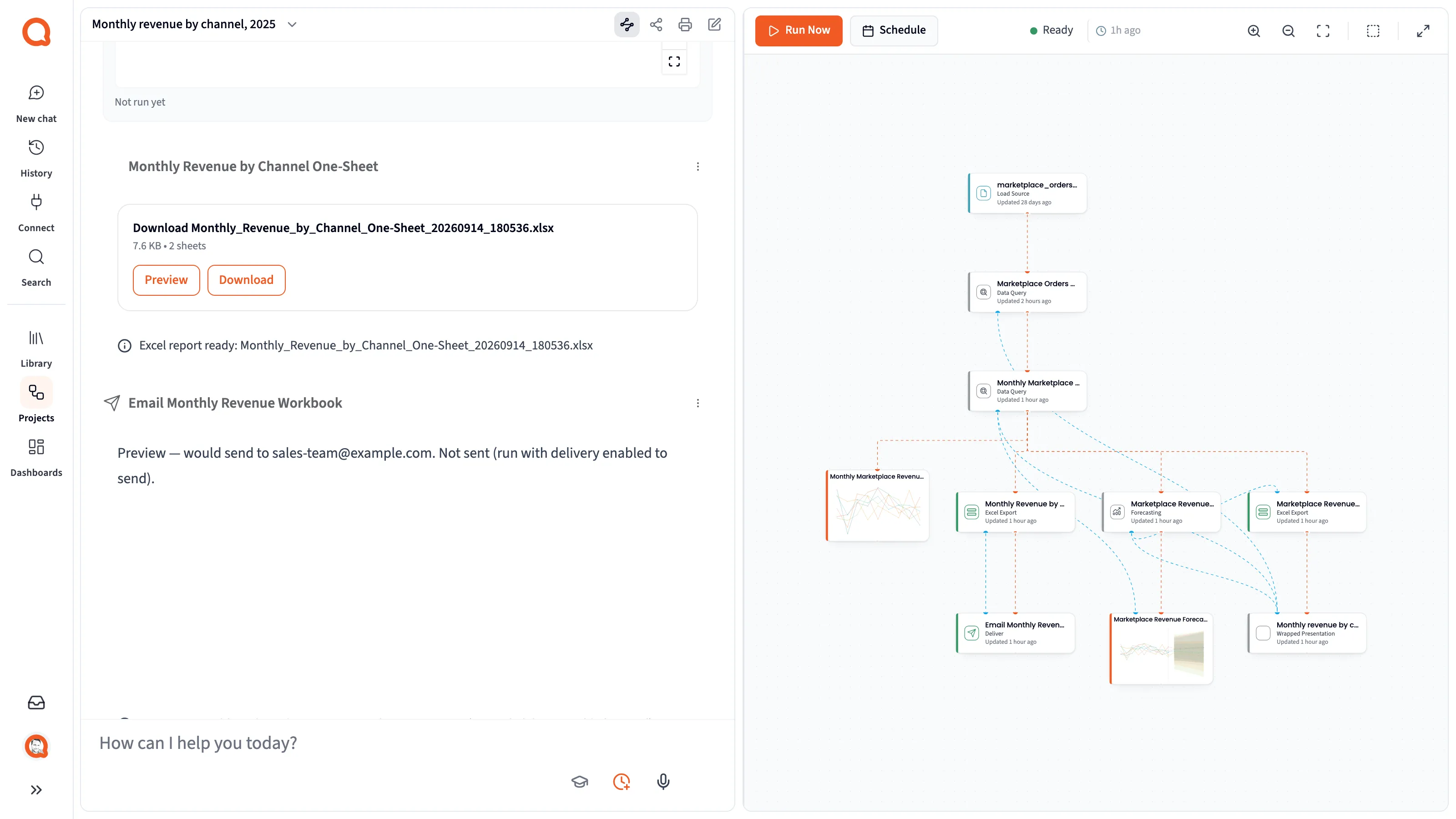 A project with the Data Flow open beside the chat
