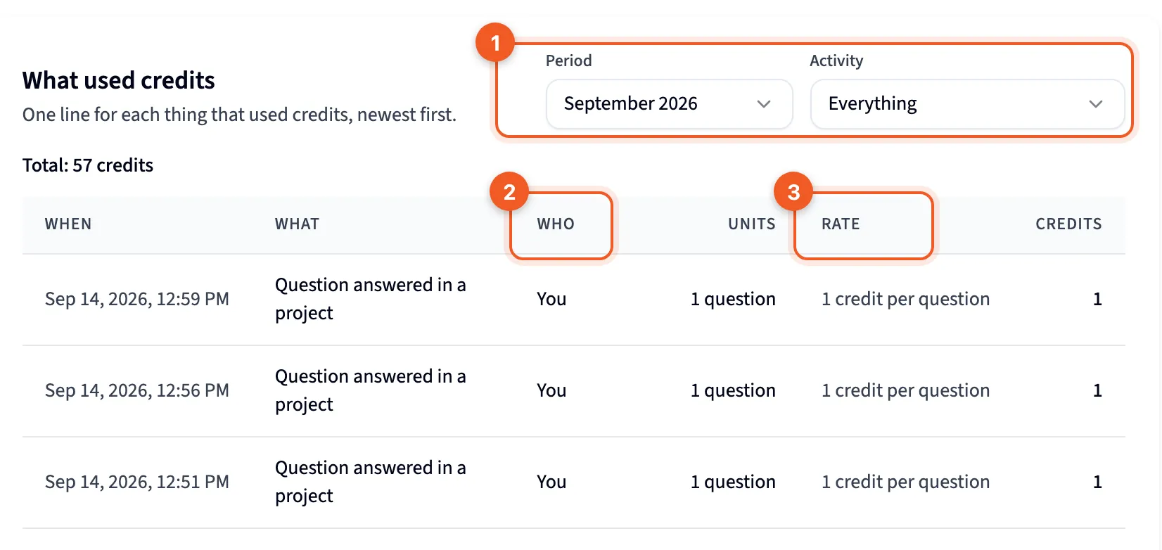 What used credits, with its filters and columns