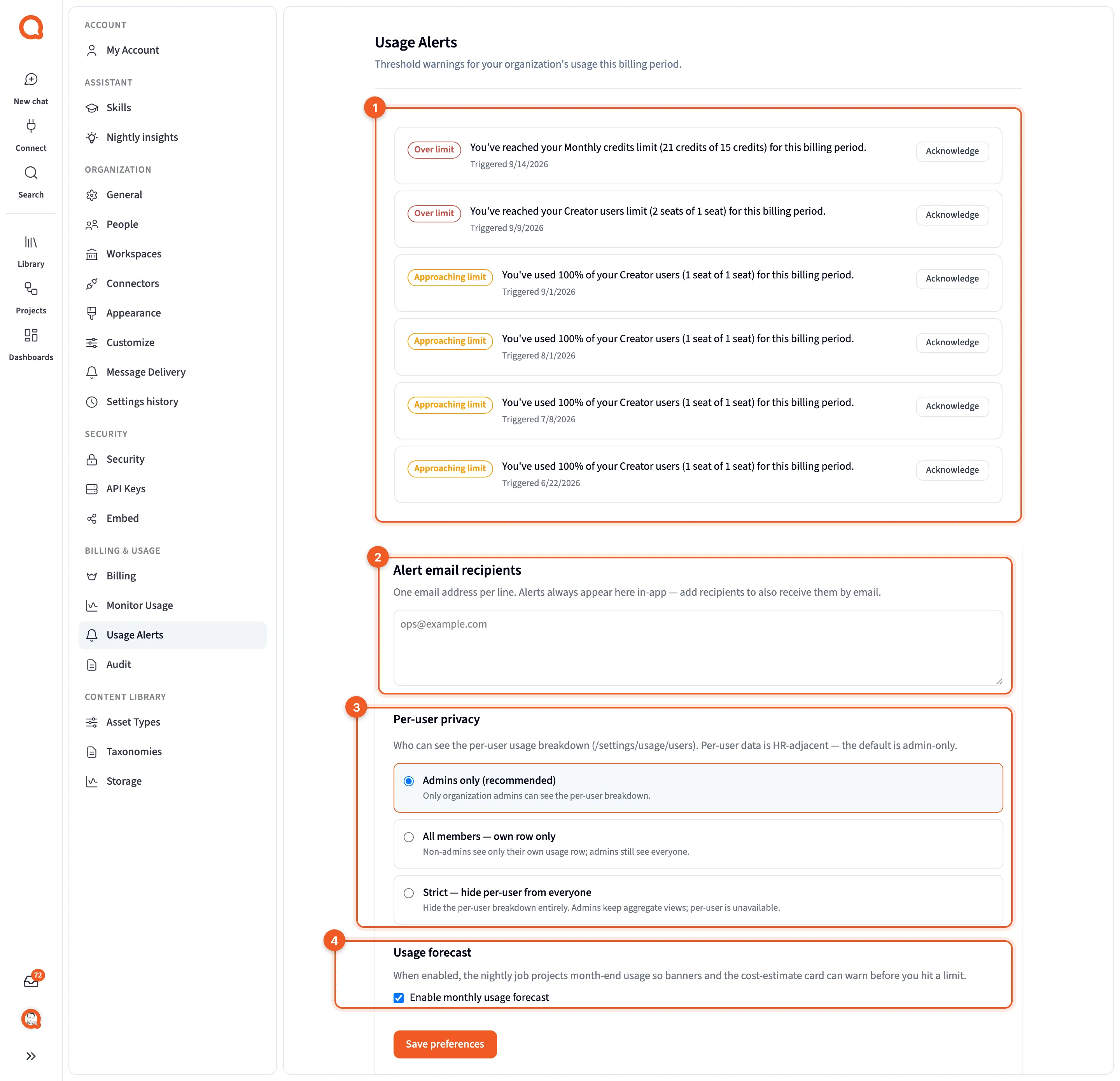Usage Alerts as an admin, with the alerts and their settings