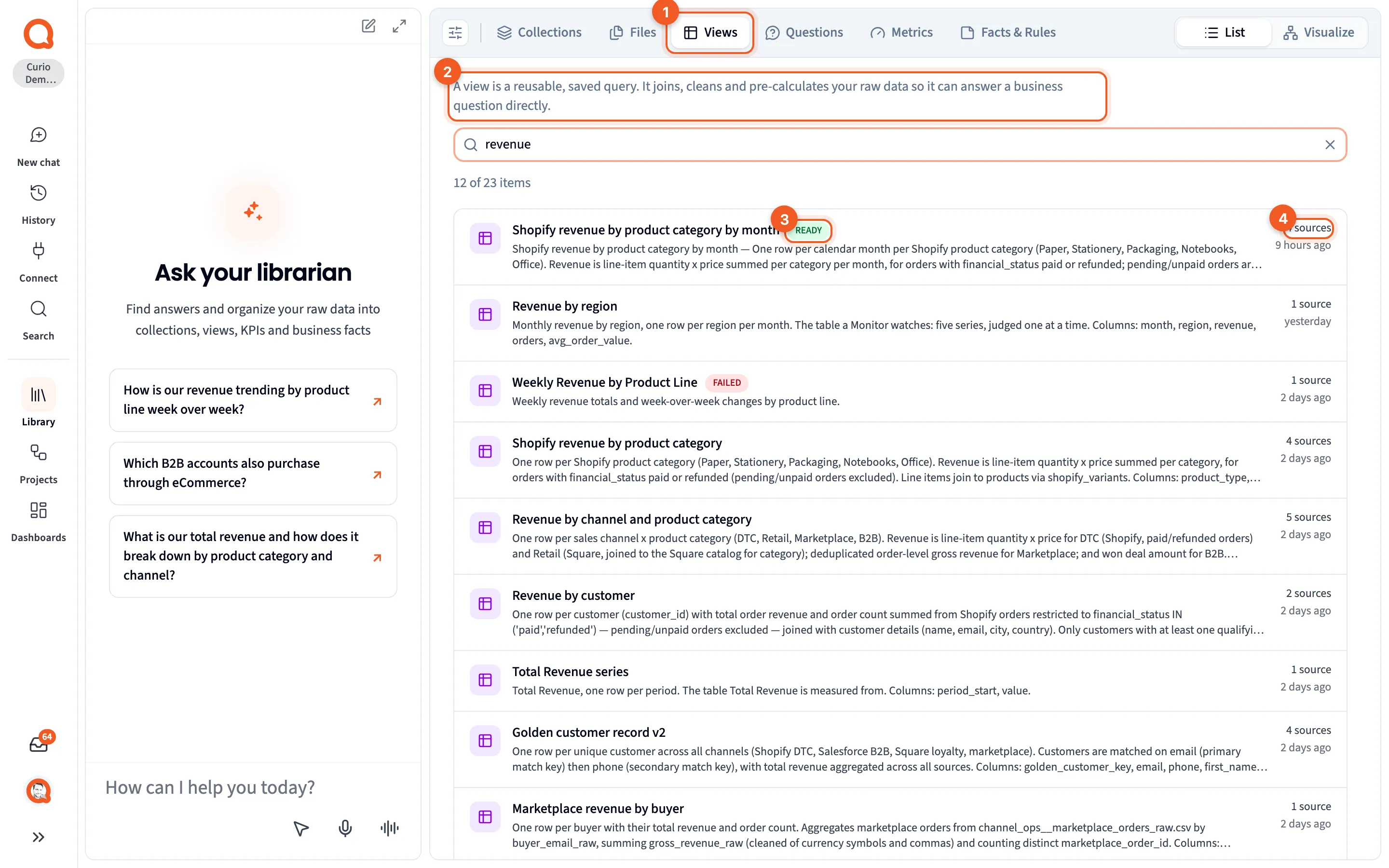 The Views tab filtered to views about revenue