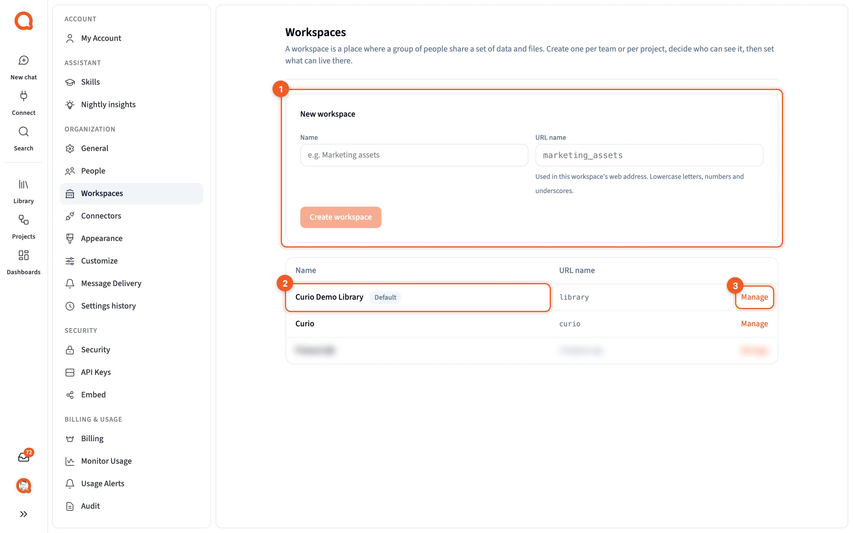 The Workspaces page, with New workspace and the list of workspaces