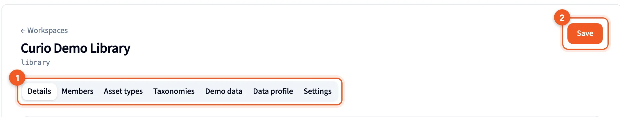A workspace's header, with its tabs and Save