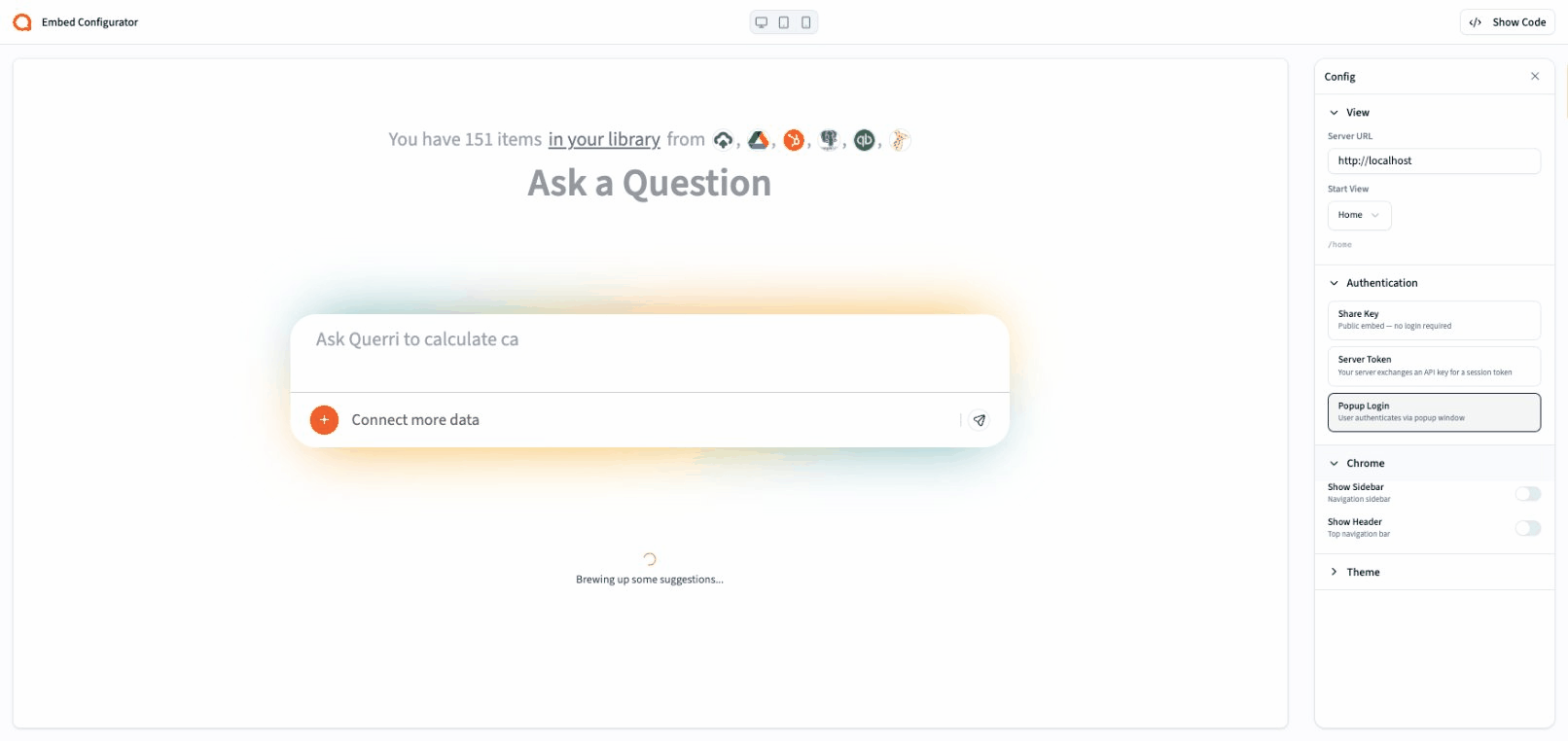 Embed UI configurator showing authentication options and live preview