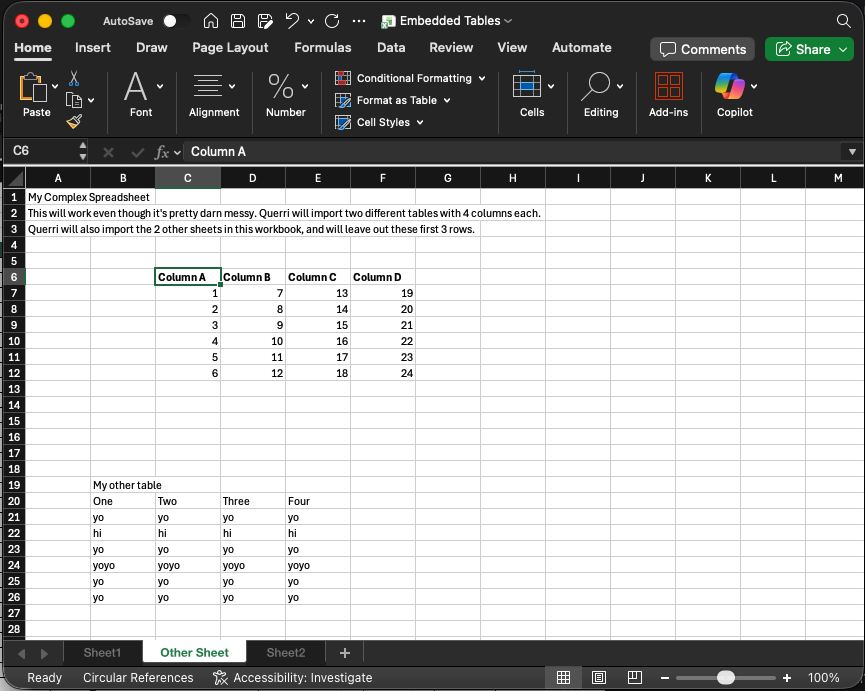 Querri detecting multiple embedded tables in an Excel sheet