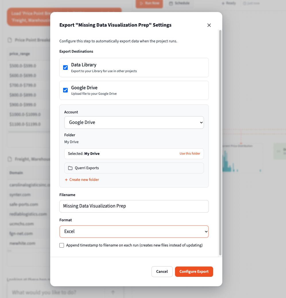 Export settings with Google Drive and Querri Library destinations