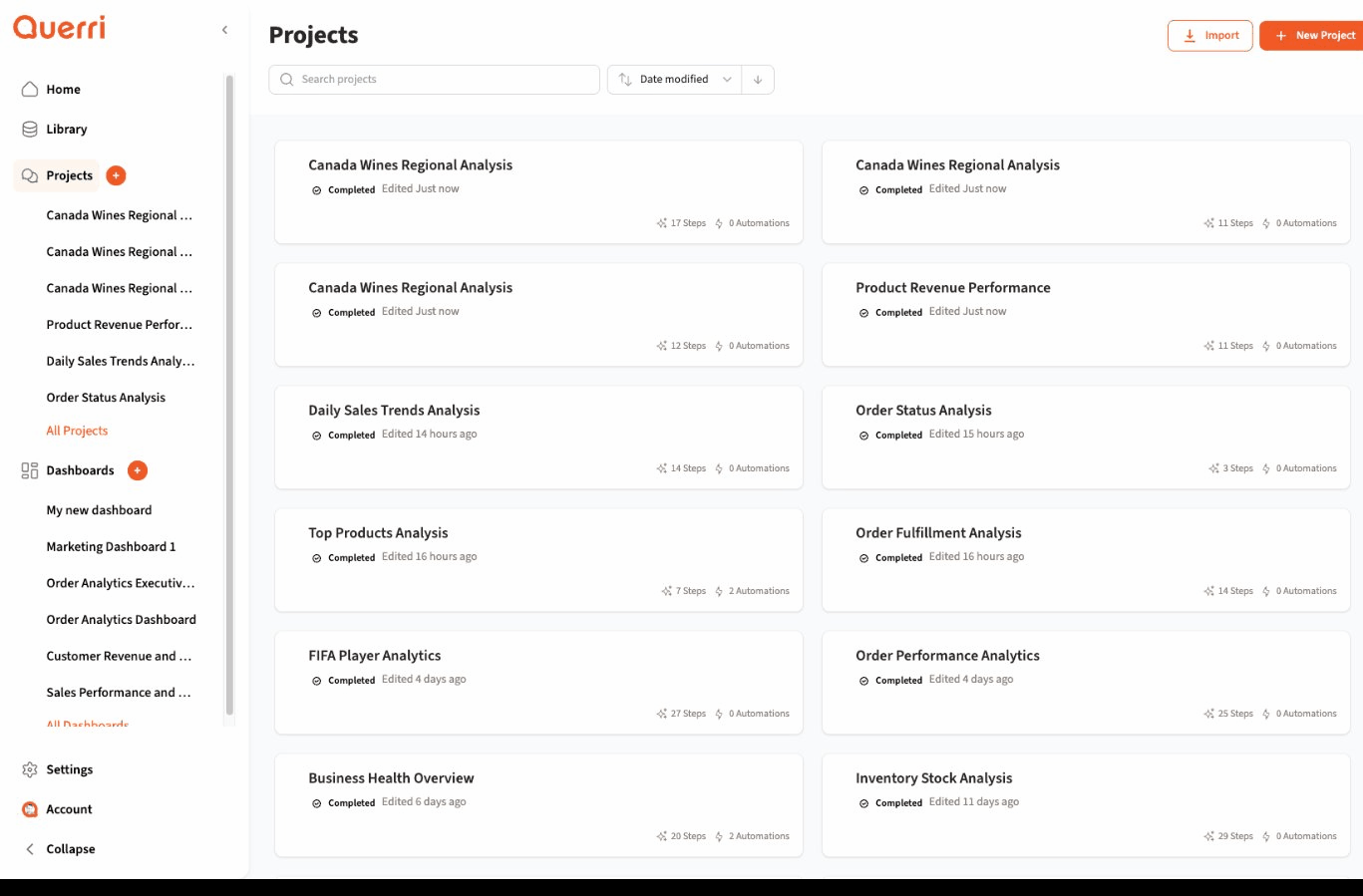 Projects list with grid layout